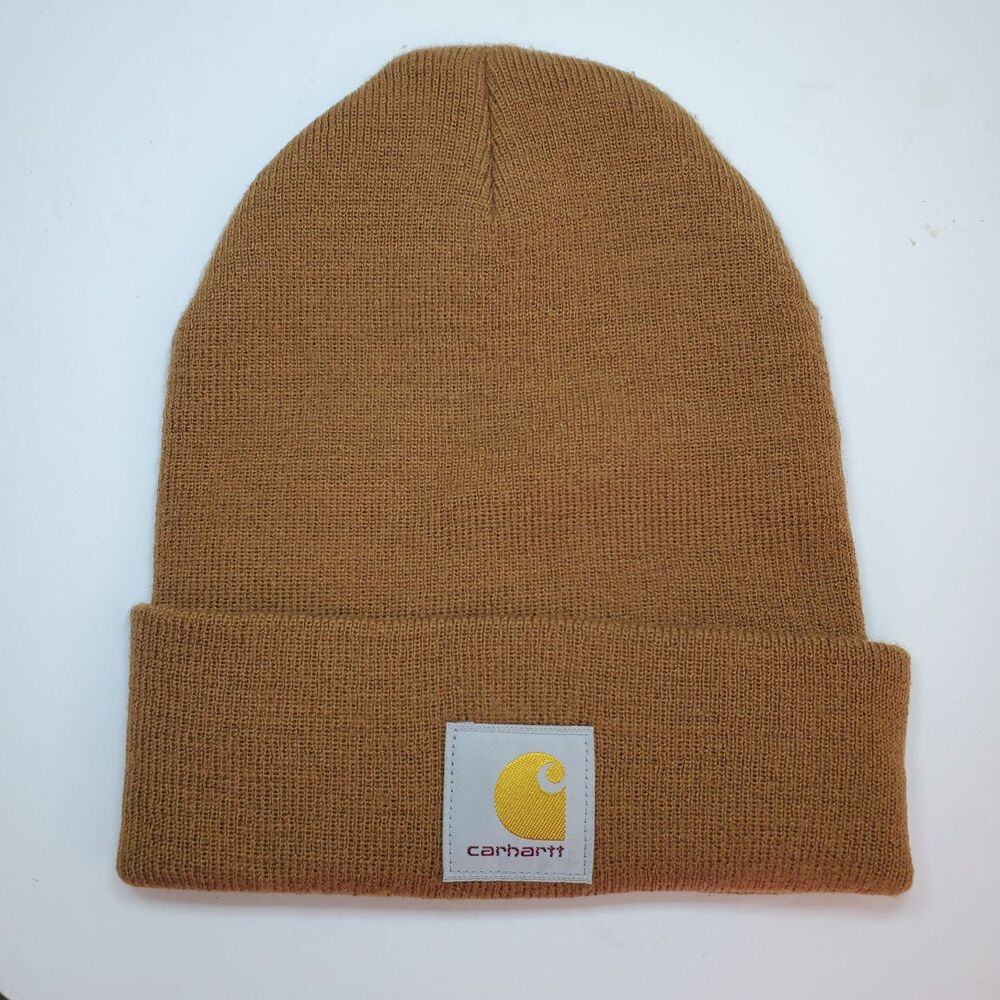 EUC Adult OSFA Carhartt Brown Acrylic Watch Beanie Hat Wheat Khaki Cuff Cap Logo